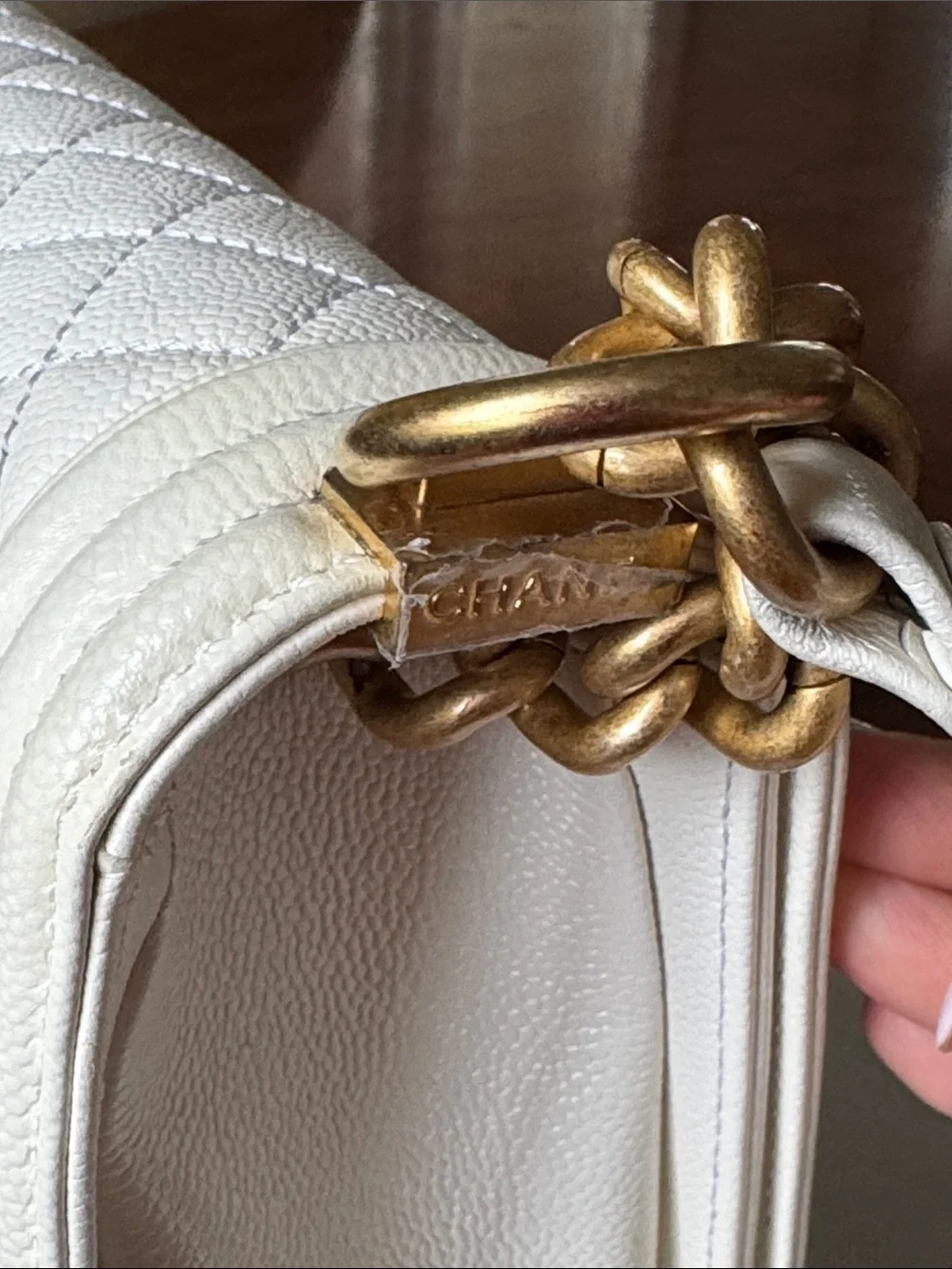 CHANEL Off White  Quilted Boy Shoulder Bag with Gold Hardware